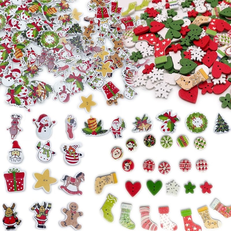 KOVOLALA 200-PCS Christmas Wooden Buttons Set - Assorted Craft Buttons with Snowflake Designs for DIY Holiday Crafts, Multi-Size Mixed Styles - Image 1